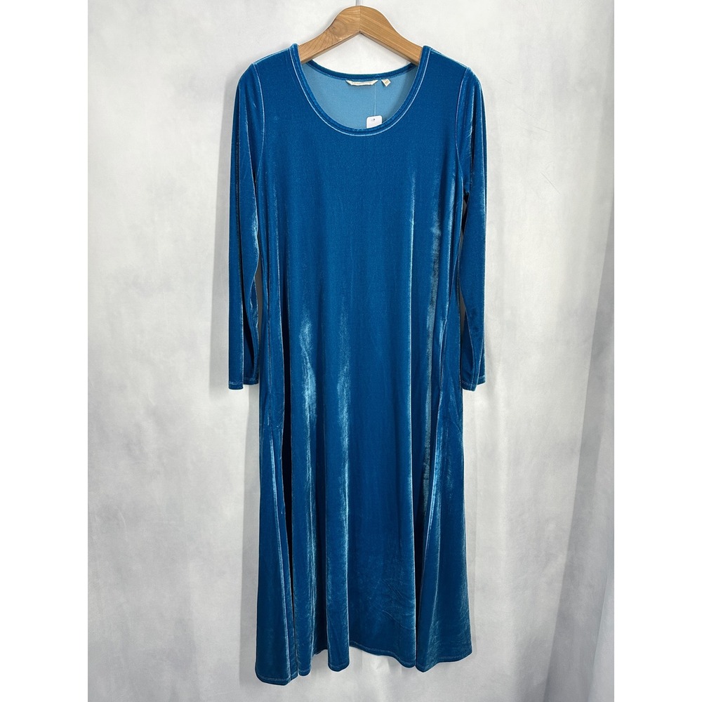 Soft Surroundings Teal Blue Velvet Long Sleeve Midi Dress Pockets Size Large NEW